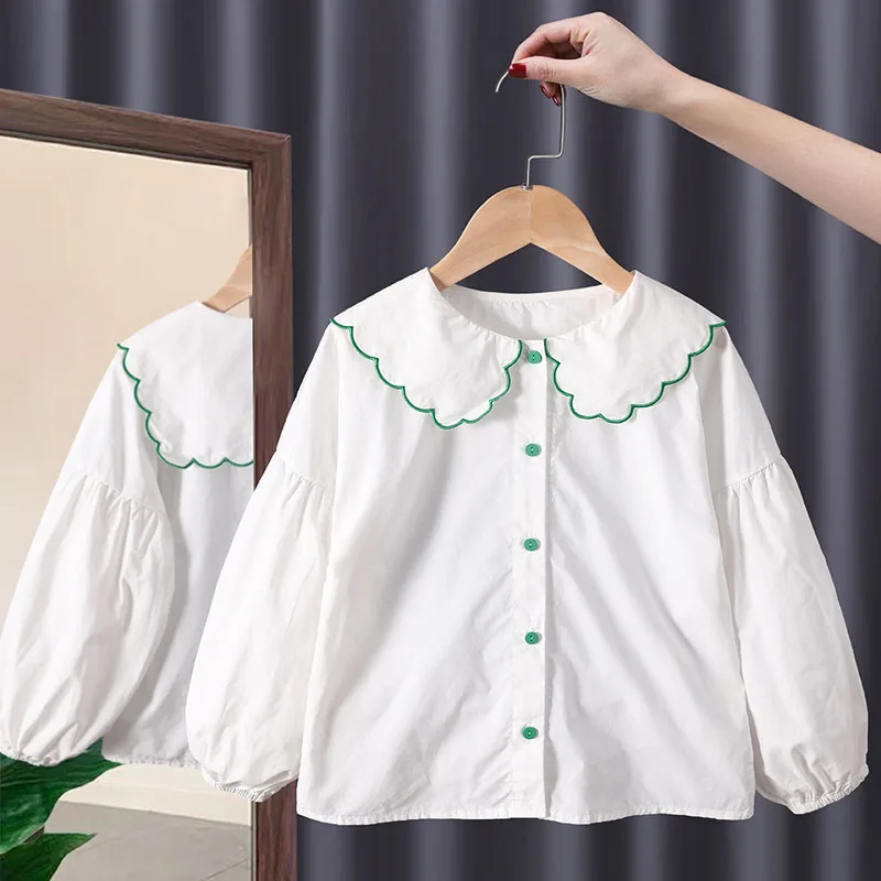 

White Long Sleeve Shirts Spring Little Girls Kids Clothes 2022 Peter Pan Collar Button-Up Blouses Korean Fashion Children's Tops