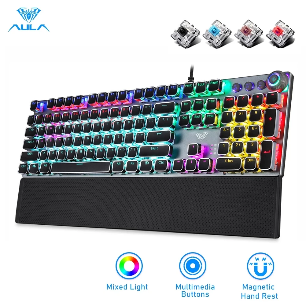AULA Gaming Mechanical Keyboard Retro Square Glowing Keycaps Backlit USB Wired 104 Anti-ghosting Gaming Keyboard for PC laptop