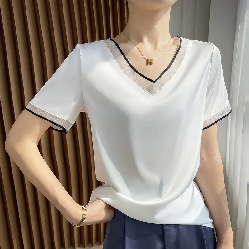 

Explosions In Summer Women's Satin Gauze Round Neck V-Neck Short Sleeve Thin Solid Color T-Shirt Blouse Loose And Versatile