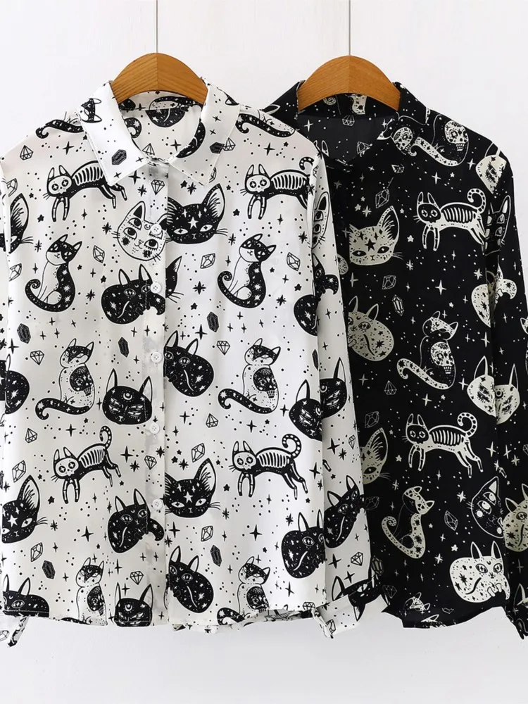 Женская рубашка на пуговицах с принтом кошки свободный дизайнерский атласный