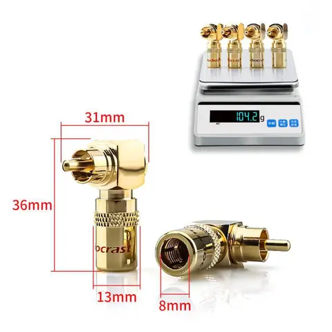 4 шт., разъём RCA под прямым углом для динамика, 24 К, золотистый, 90 градусов