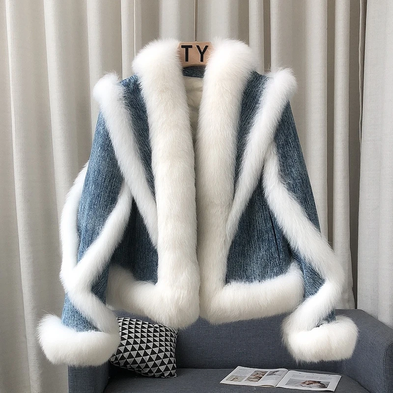 2024 новый натуральный мех винтажная джинсовая лоскутная короткая куртка из