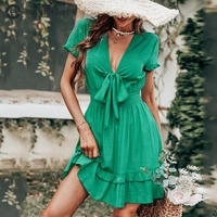 2022 summer v neck low cut bow short sleeve waist closing large swing dress womens loose gown leisure maxi mini party dresses