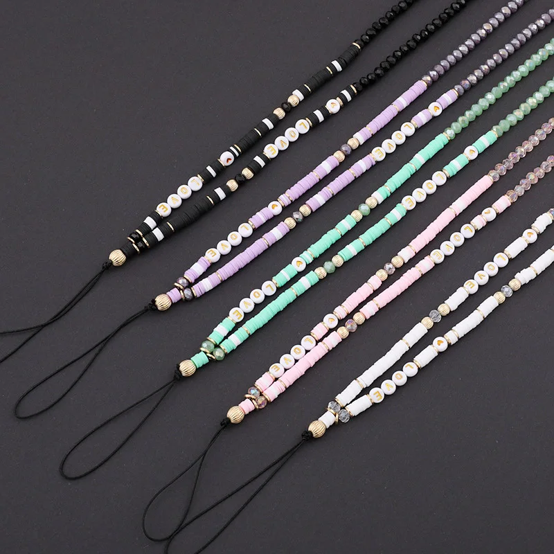 

Colorful Clay Crystal Letter LOVE Phone Chain Neck Lanyard Jewelry for Women Gift Simple Butterfly Love Charm Phone Case Rope