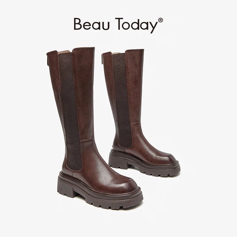 

BeauToday Long Boots Women Genuine Calfskin Waxing Round Toe Elastic Band Casual Ladies Platform Sole Shoes Handmade 01581