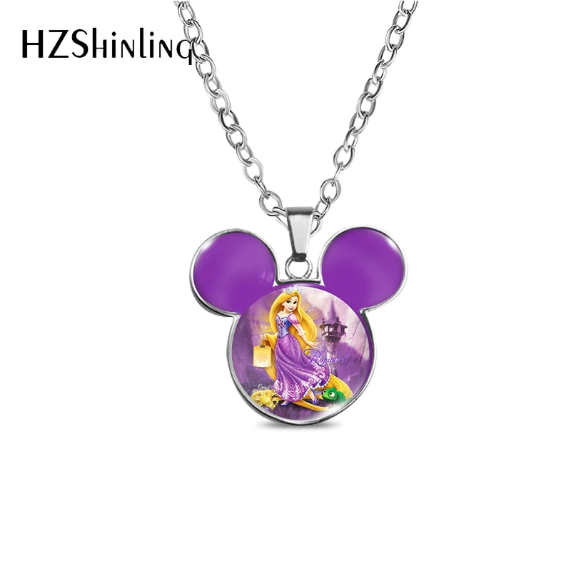 2022 New Arrival Fashion Cartoon Disney Tangled Rapunzel Princess Flynn Pascal Glass Dome Mickey Ears Pendant Necklaces