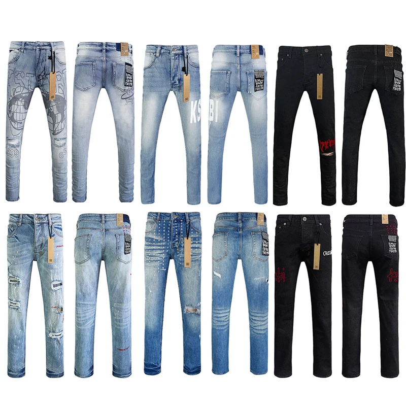 Черные синие модные мужские джинсы KSUBI Cross Brand High Street Hole Trend с низкой посадкой узкие