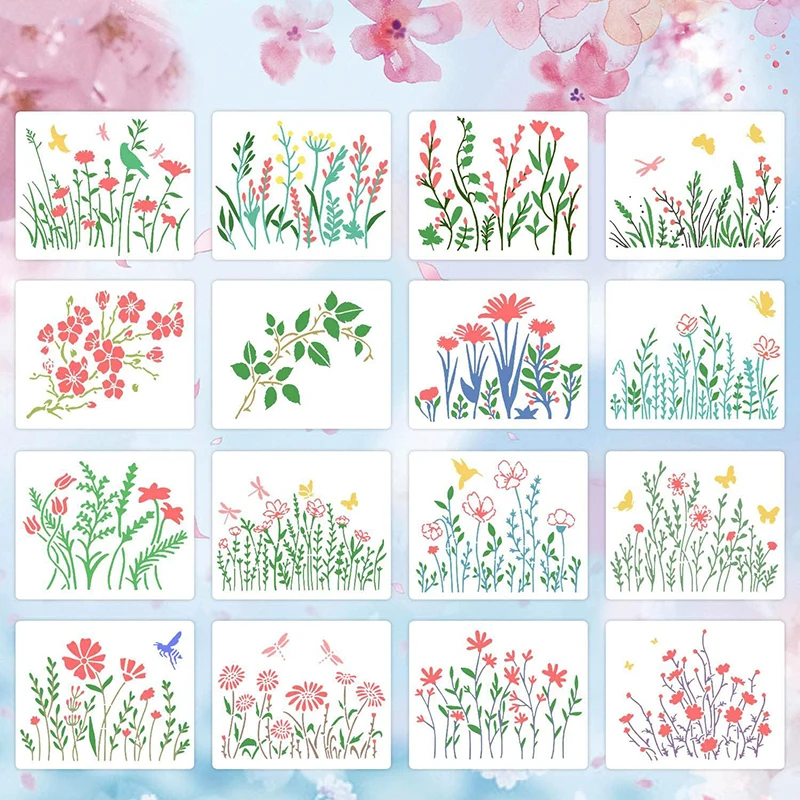 

16Pcs Painting Stencils for Spring Flowers And Plants Hand-painted DIY Hollow Plastic Template Children's Drawing Auxiliary Tool