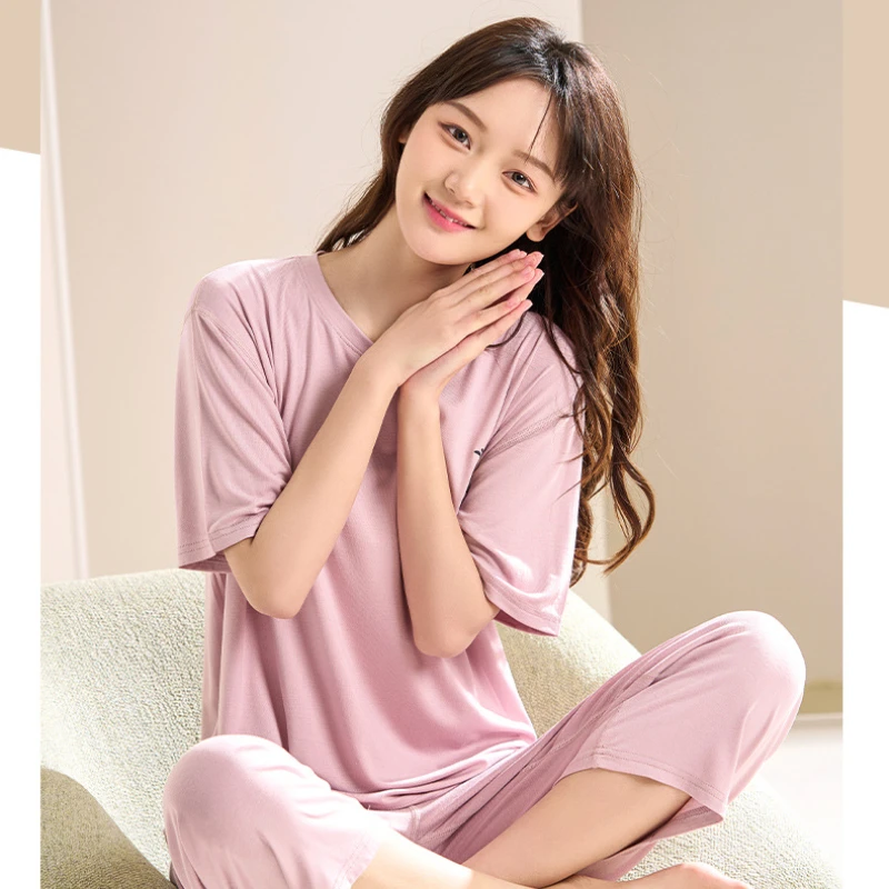 Pajamas Women's New Summer Loose Round Neck Can Be Worn Outside Short-sleeved Pajamas Casual Suit Breathable and Soft Loungewear