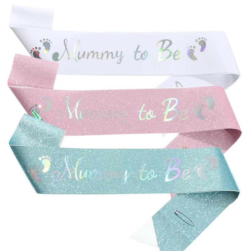 

Baby Shower Decorations Blue/Pink Mummy To Be&Daddy To Be Sashes Glitter Footprint Sash Scarf for Gender Reveal Party Supplies
