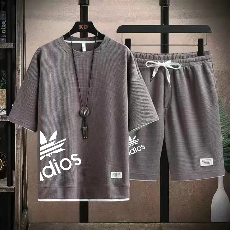 Summer new men's tops, sports shorts, waffle fabric, cool, breathable and sweat-absorbing, casual and fashionable Korean jogging