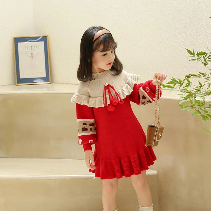 

Платье-свитер для девочек от 3 до 8 лет, зима-осень, детское длинное шерстяное вязаное платье принцессы с шариками, детская повседневная одеж...