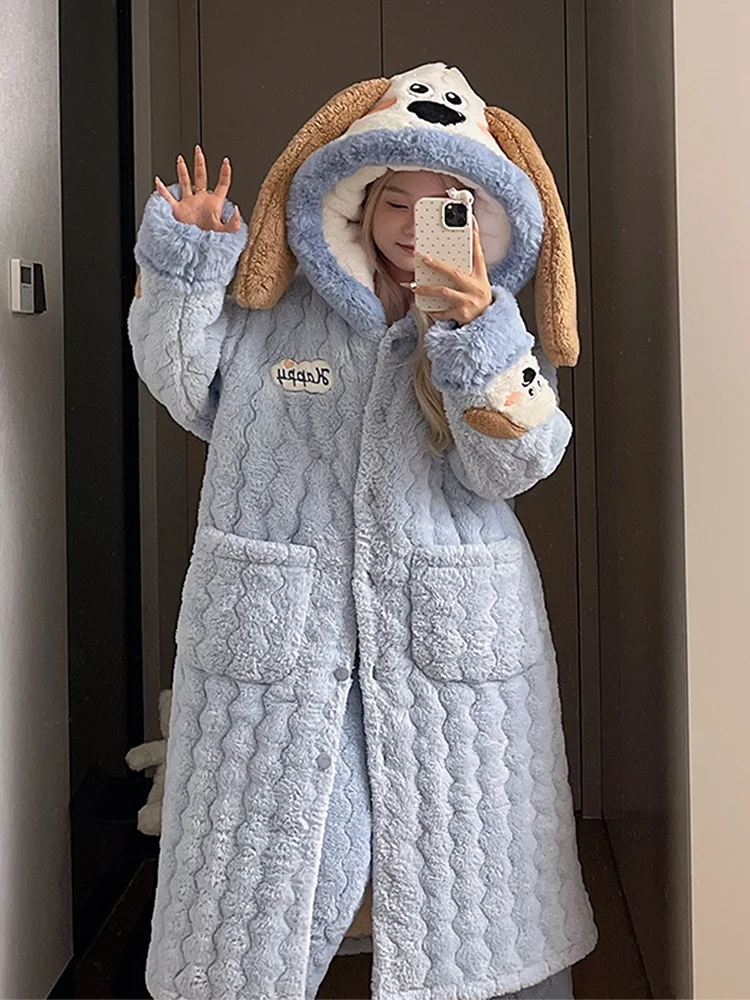 Пижамы из кораллового флиса женская осенне-зимняя ночная рубашка стеганая