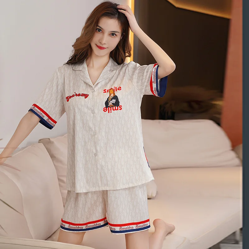 Ice Silk Pajamas Women's Summer Pajamas Suit Girly Style Imitation Silk Home Clothes Thin  Pajamas for Women Sleepwear Women