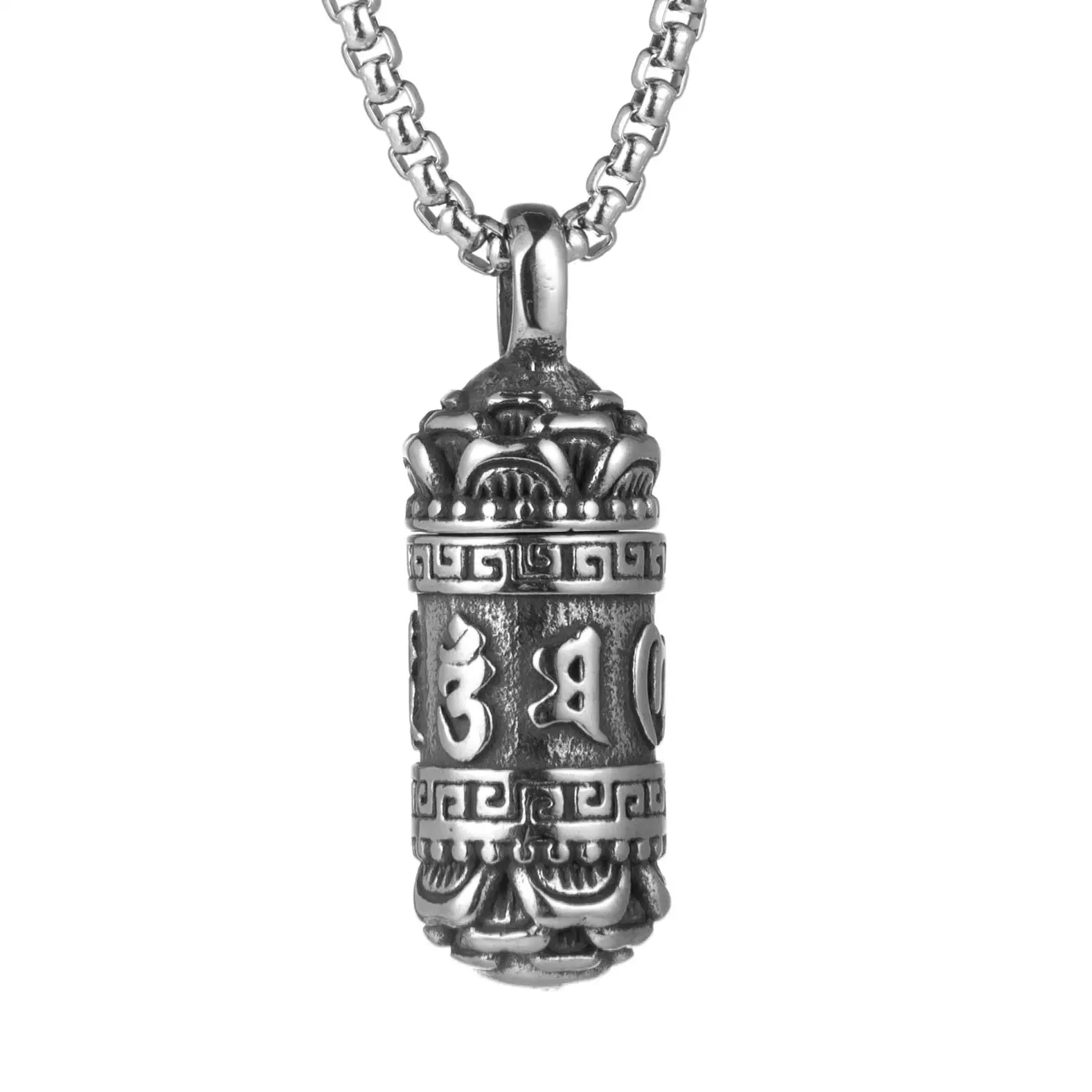 

HZMAN Tibetan Buddhism Meditation Stainless Steel Pendant Commemorative Cremation Ashes Pill Cylinder Container Necklace 22+2 In
