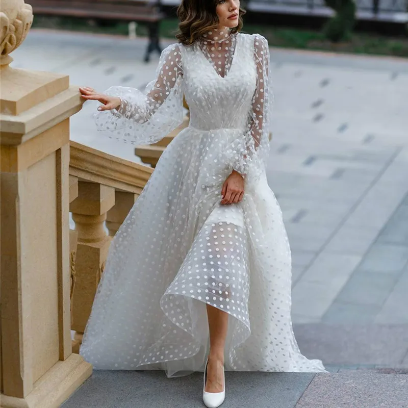 

New Women Spring Floor-length Dress Dot Solid ColorO-neck Puff Sleeve Female Fashion Mesh Casual Elegant White A-Line Maxi Dress