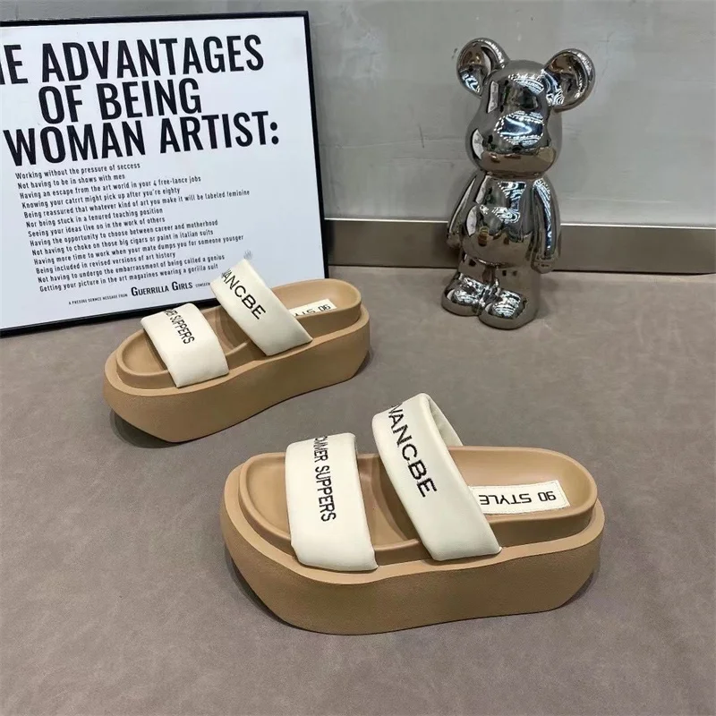 Summer 2023 Chunky Sandals Women's Thick Bottom Wedge Heels Slides 8CM High Heels Platform Leather Casual Beach Flip Flops Woman