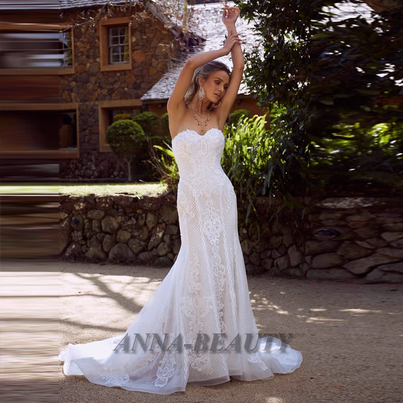 

Anna Princess Sweetheart Wedding Dresses Lace Appliques Trumpet Tulle Sleeveless Sweep Train Vestido De Casamento Custom Made