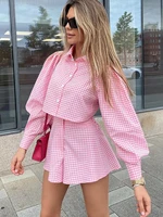y2k cotton plaid two piece short sets women summer puff sleeve shirt tops wide leg shorts suit chic 2 pieces sets outfits