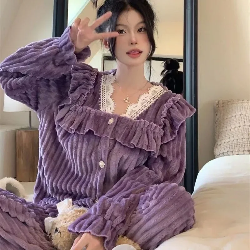 Пижамы женские осенне-зимние теплые пижамные комплекты кружевные фланелевые