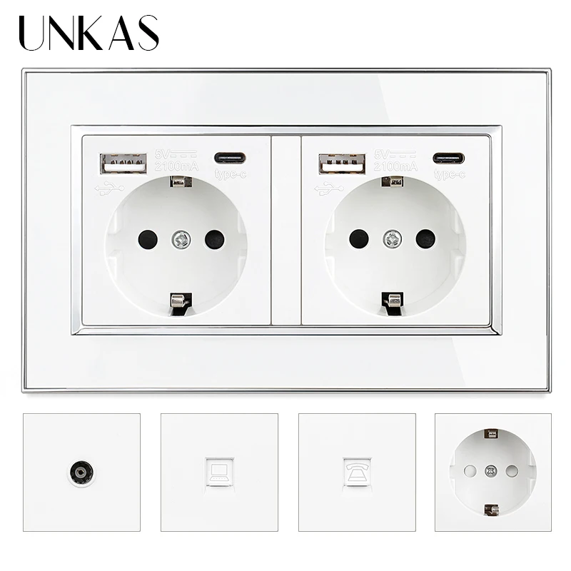 

UNKAS белая розетка ЕС Тип C USB порт + ТВ RJ11 Телефон RJ45 Интернет-компьютер разъем 146 мм * 86 мм акриловая панель выход