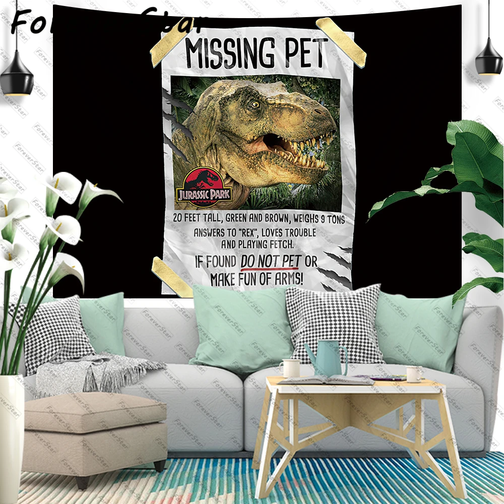 

ForeverStar Funny Tapestry Jurassic Park Missing Pet T-Rex Poster Taped Graphic Wall Bedroom Wall Hanging Tapestries Home Decor
