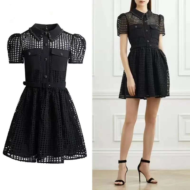 

Женское мини-платье с поясом, черное ажурное винтажное модельное платье мини с отворотами, пуговицами со стразами и коротким рукавом, лето 2023