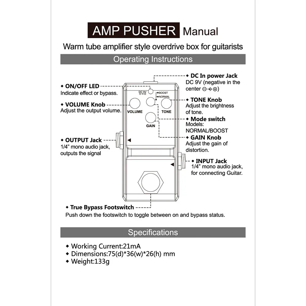 ROWIN LN-323 AMP толкатель гитарная педаль для создания эффектов мини-гитары Overdrive True