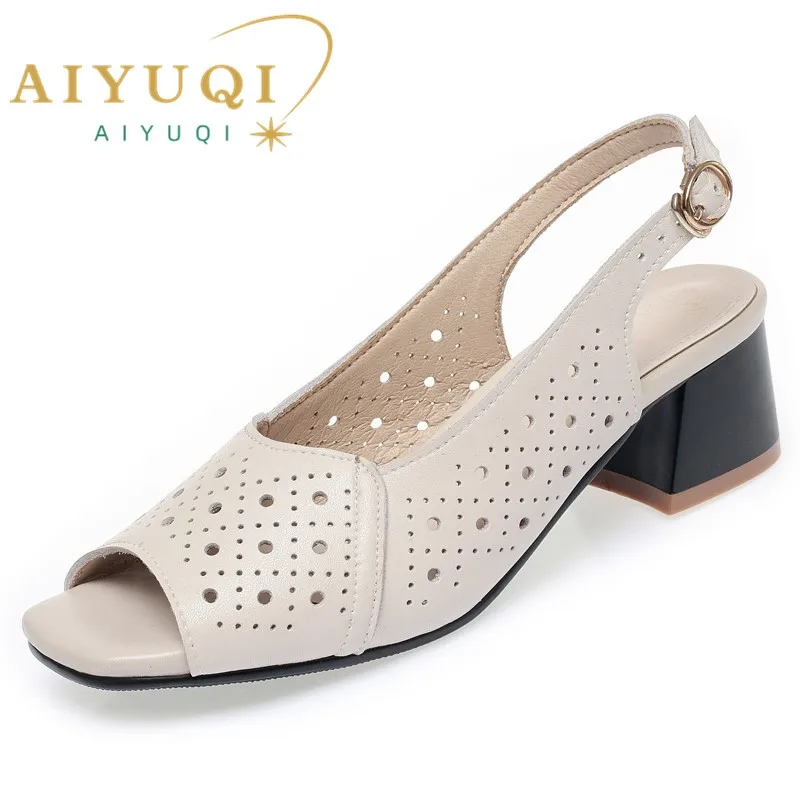 AIYUQI Sandals Women Summer 2023 New Fishmouth Genuine Leather Women Sandals Block Heel Large Size Middle-aged Mom's Sandals