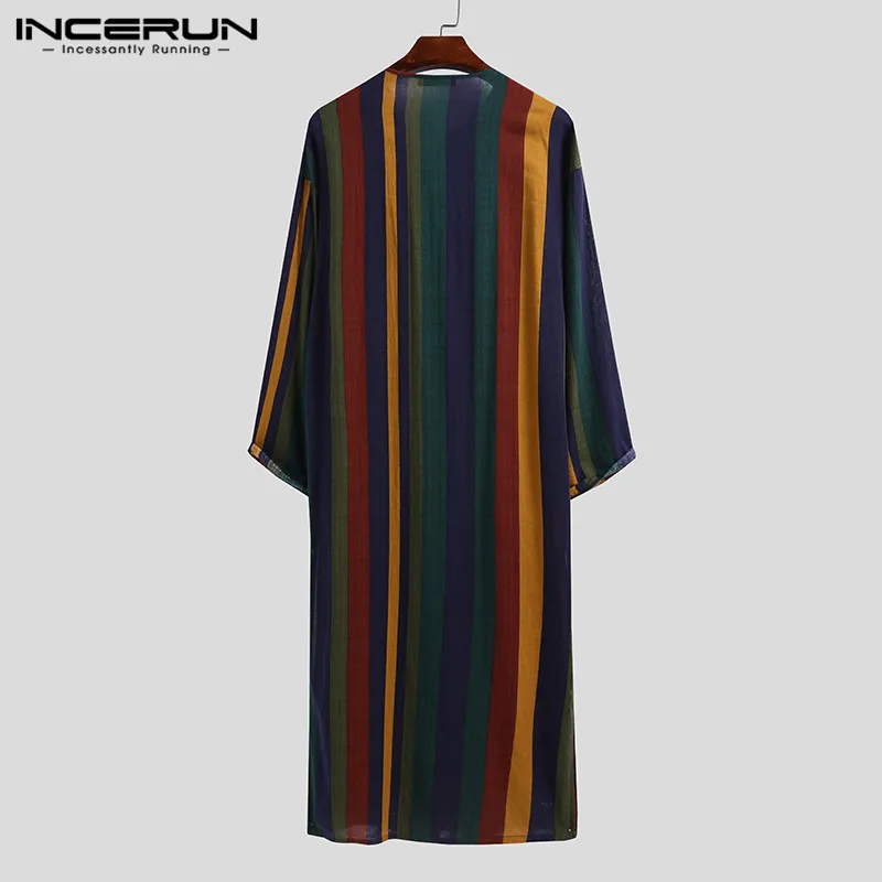 INCERUN Men Ethnic Robes Vintage Striped Long Sleeve Muslim Kaftan Robes Button Jubba Thobe Pockets Dubai Arabic Clothing S-5XL