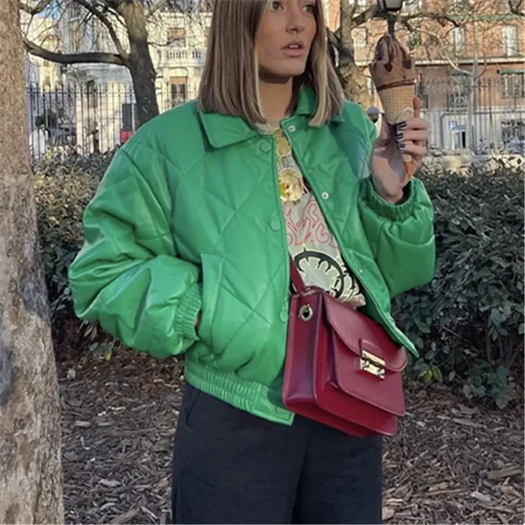 Kohuijoo Green Leather Jacket Warm Cotton Padded Coat Warm Winter Clothes Women Single breasted Casual Turn Down Collar Coat