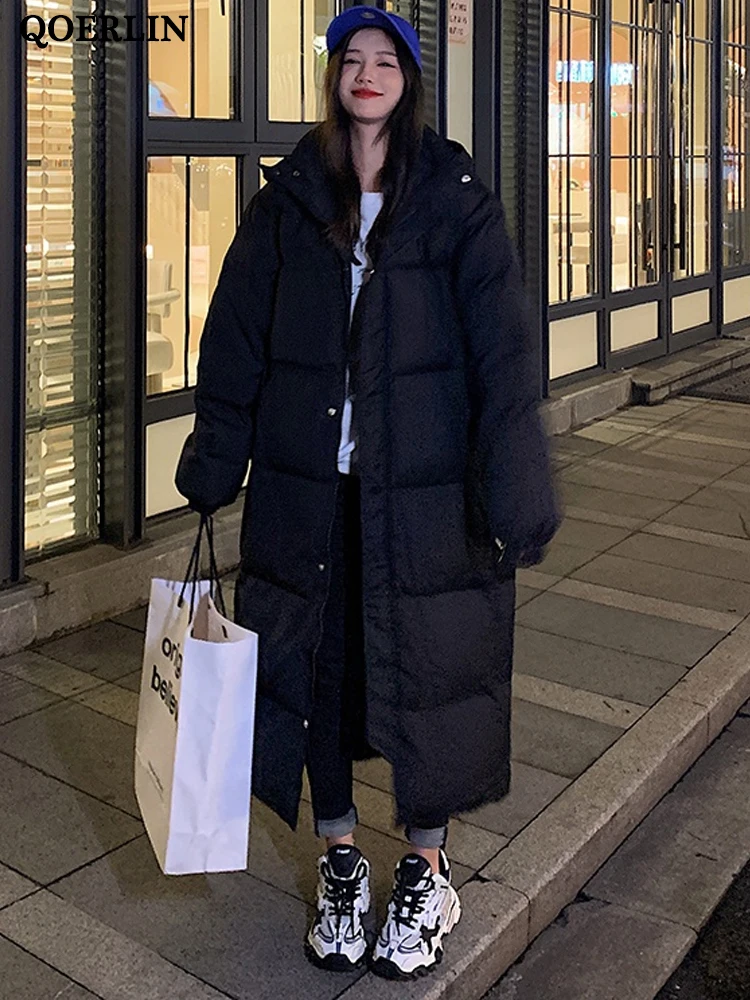 QOERLIN Warm Women's Winter Parkas with Hooded 2022 Oversize Straight Thick Button Casual Cotton Padded Coat Soft White Jacket