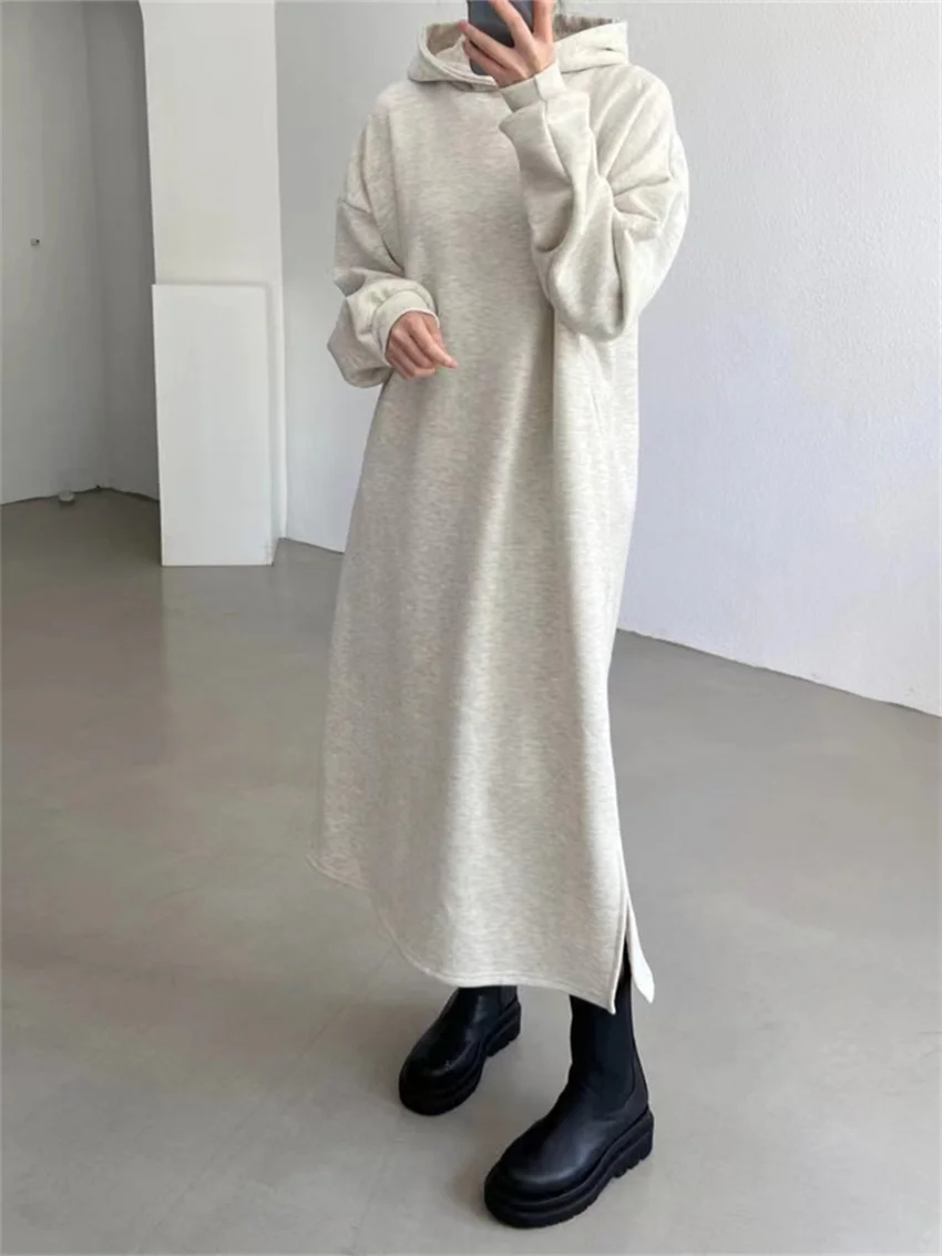 

HziriP Winter Hooded Maxi Sweatshirts Dress Plush Warm Chic Straight Bottoming Loose Split Slim Oversize 2022 Office Lady Casual