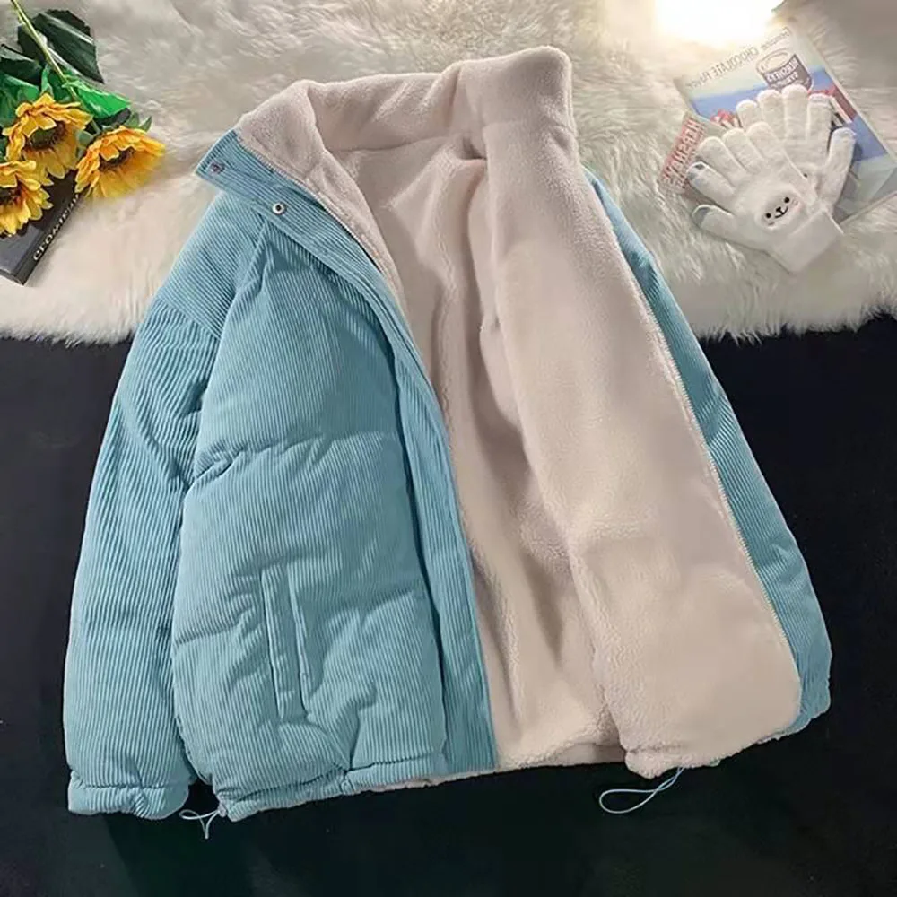 

Sky Blue Corduroy Stand Collar Women's Cotton Coat Autumn Winter New Thick Warm Outwear Fashion Drawstring Zipper Winter Jackets