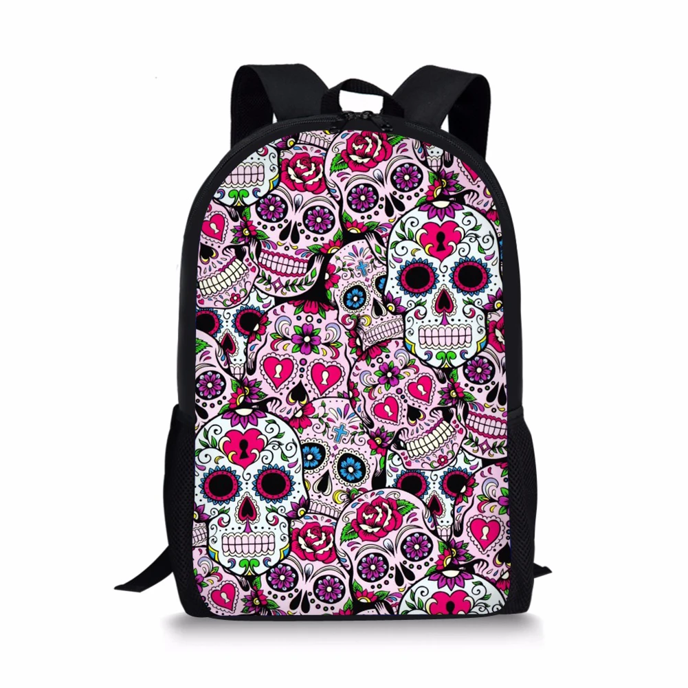 Skull Flower Pattern School Bags for Girls Fashionable Teenagers Backpacks Padded Back Waterproof Students Satchel Free Shipping