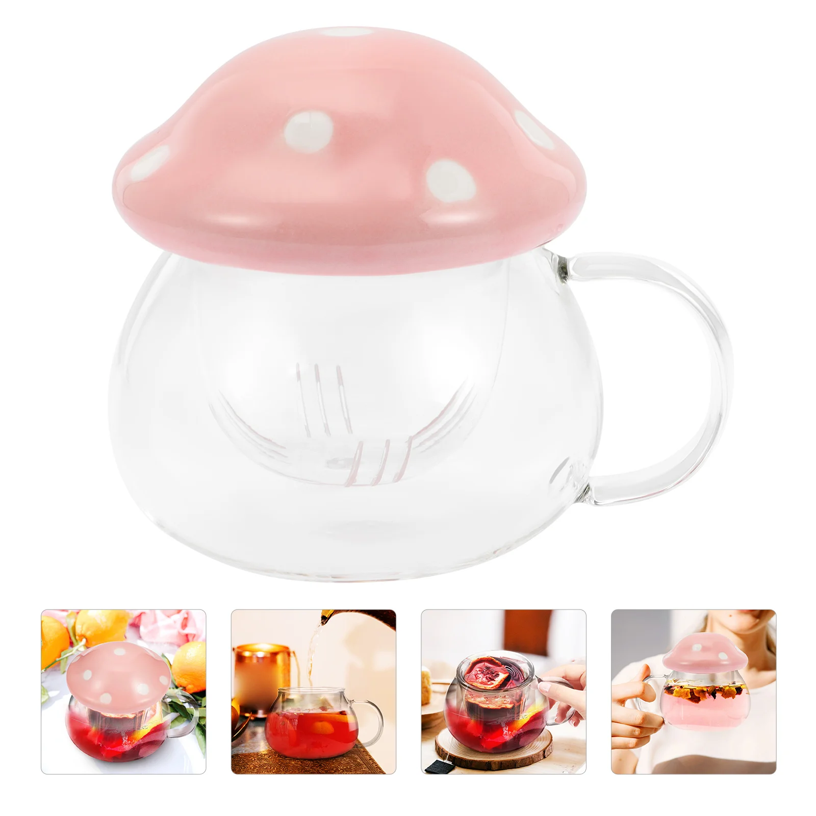 

Tea Mug Glass Coffee Cup with Strainer Filter Infuser and Lid for Loose Leaf Tea Mushroom Design and Heat Resistant 300ml