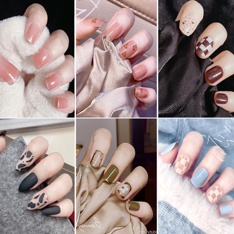 

500-24Pcs Fake Nails Press On Nail Art Tips Decoration False Nails with Design Glue Stickers Reusable Artificial False Nails