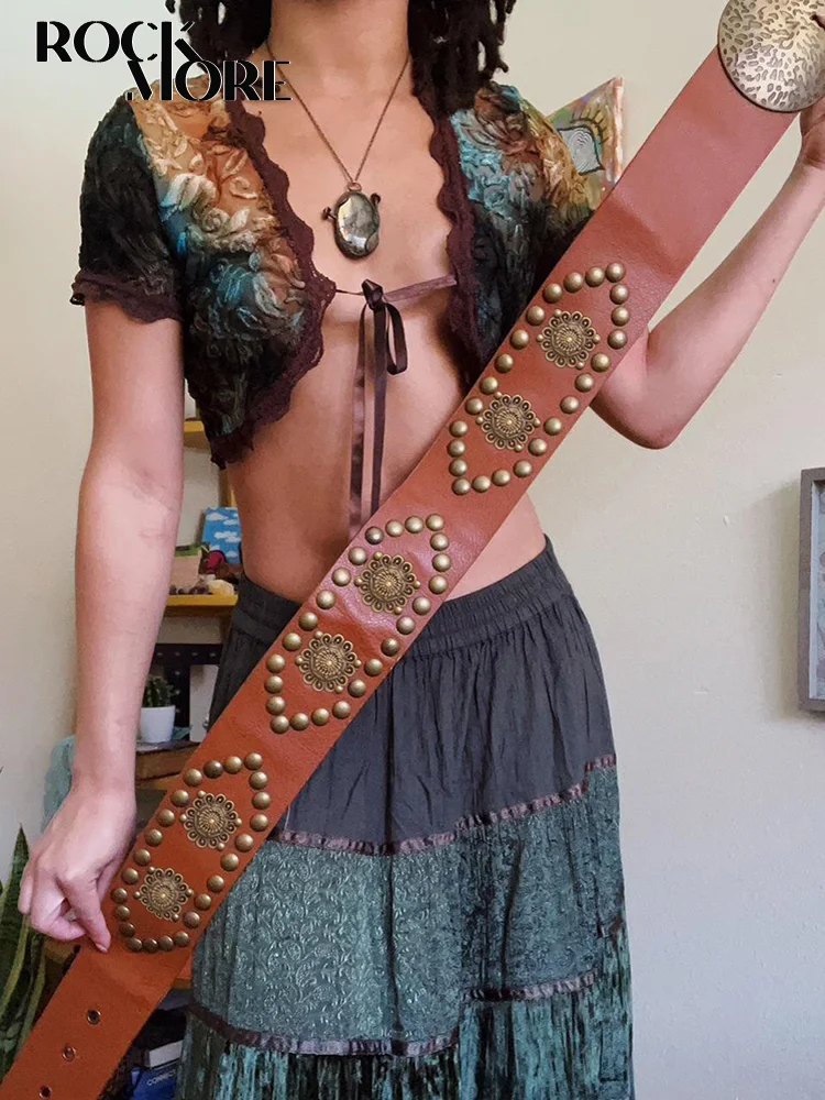 

Rockmore Vintage Indie Folk Waist Belts Brown PU Leather Metal Round Buckle Women Dress Waistband y2k Fairycore Boho Accessories