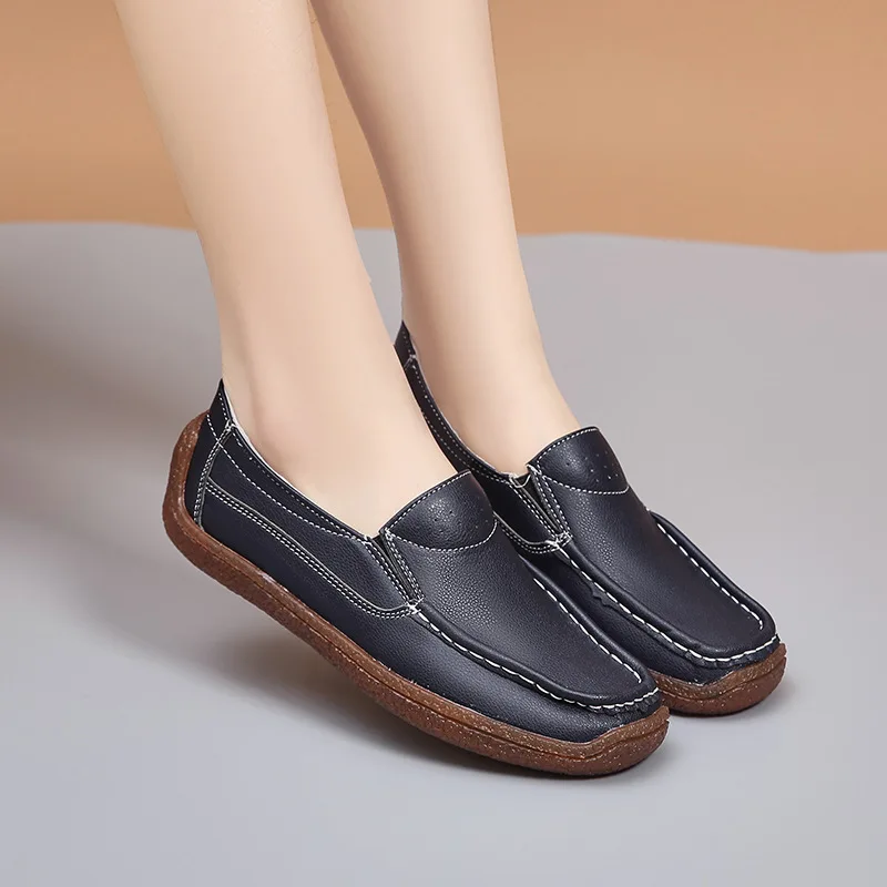 

Cow Muscle Sole Women Loafers Slip On Leisure Shoes Simple Round Toe Flats