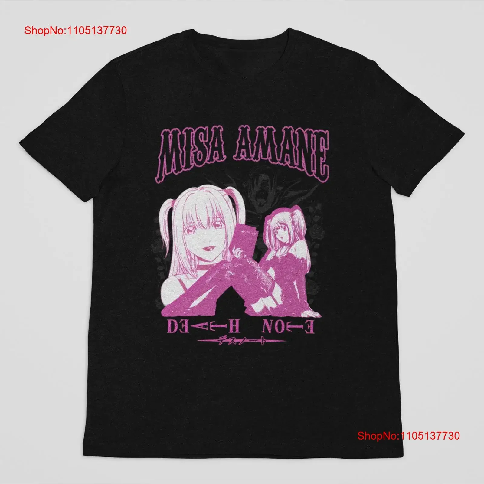Фото Винтажная черная футболка с аниме Shinigami Misa Amane Rem, розовая винтажная стираная модная унисекс, универсальная мягкая дизайнерская одежда №1