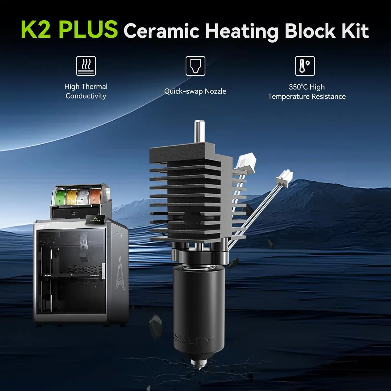 Фото Официальный комплект аксессуаров Creality K2 Plus Hotend — керамический нагревательный блок, быстросменная насадка Unicorn, цельнометаллические встроенные конструкции №2