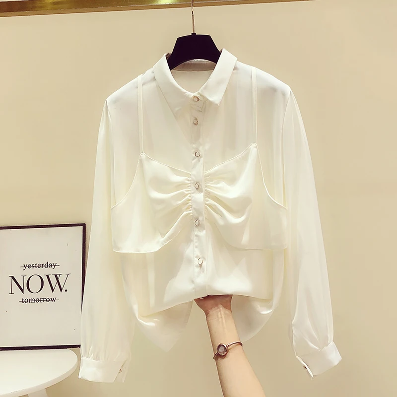 

SuperAen Full Turn Down Collar White Shirt Women's Spring 2022 New Suspender Splicing Design Two Piece Top Fashion