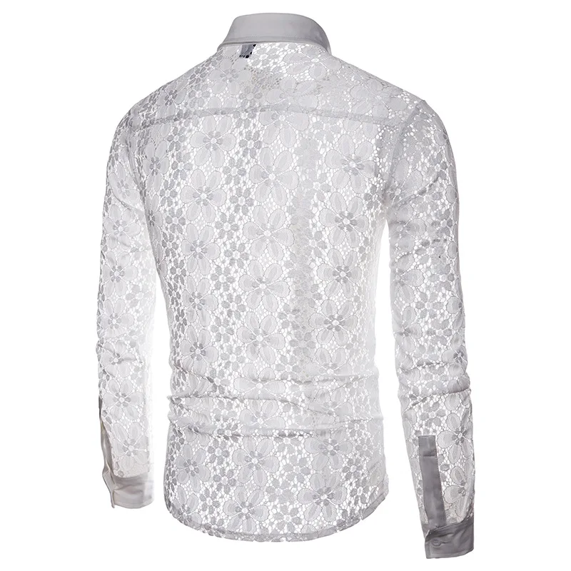 Men's Shirt 2022 New Spring Summer Lace Long Sleeve Lapel Male Thin Top Sexy Openwork Pattern Black White b23