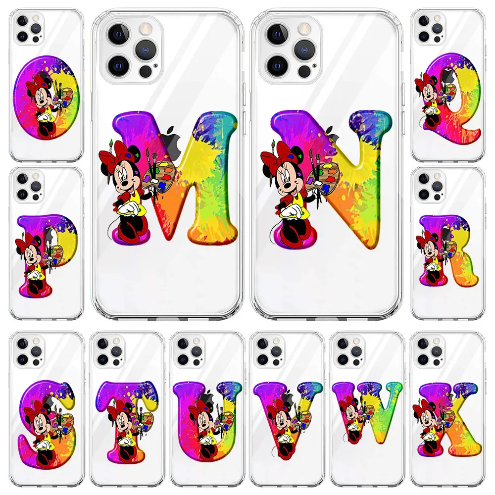 

Etui Funda for iPhone 13 11 12 Pro Max XR X 8 7 6 6S Plus XS SE Phone Case Clear Cover Coque Minnie Colorful Letter Initial M-X