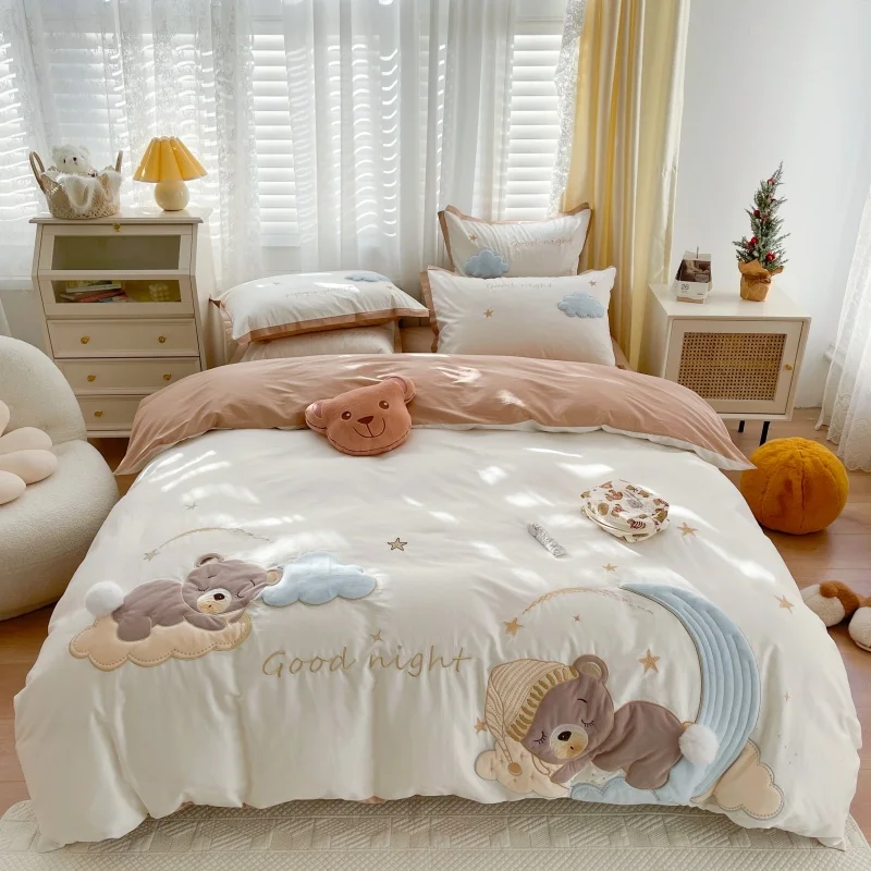 

Cute Cartoon Good Night Bear Embroidery ding 40S Washed Cotton Quilt/Duvet Cover Comforter Set Bed Linen Pillow Shams