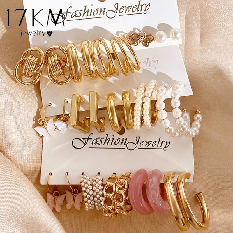 

17KM Pearl Twist Hoop Earrings Set Butterfly Acrylic Dangle Earrings for Women Metal Hollow Gold Plated Earring Cartoon Jewelry