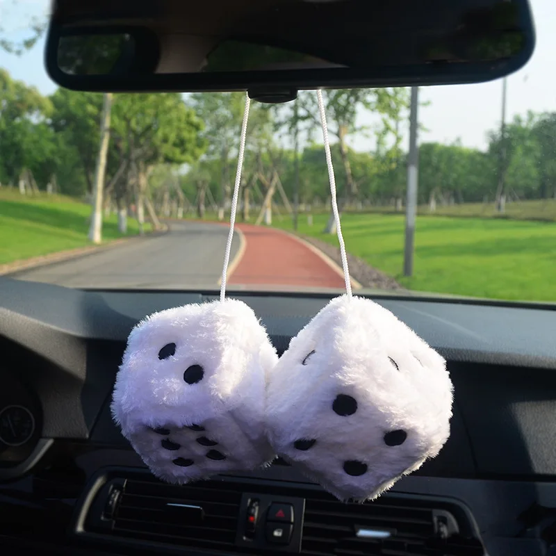 

2pcs Long Hair Hot Stamping Dot Dice Plush Toy Cube Pendant Car Ornament Sieve Anime Car Decoration Accessories Auto Pendant