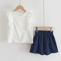 girls clothing kit 2022 summer new korean simple fungus edge sleeveless shirt blue shorts two piece wholesale