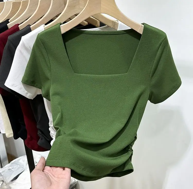 

2023 Summer New Women's Hot Girls Square Neck Short Tight Short Sleeve T-shirt Top Women crop top