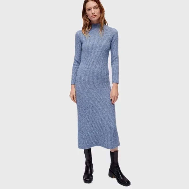 

2022 New Autumn Winter Solid Color Half Turtleneck Half Placket Knit Slim Women Midi Dress